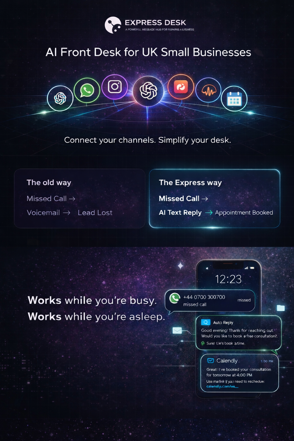 Express Desk channel hub showing integrations including Instagram, Facebook, WhatsApp, Twilio, Vapi, OpenAI, and Calendly.