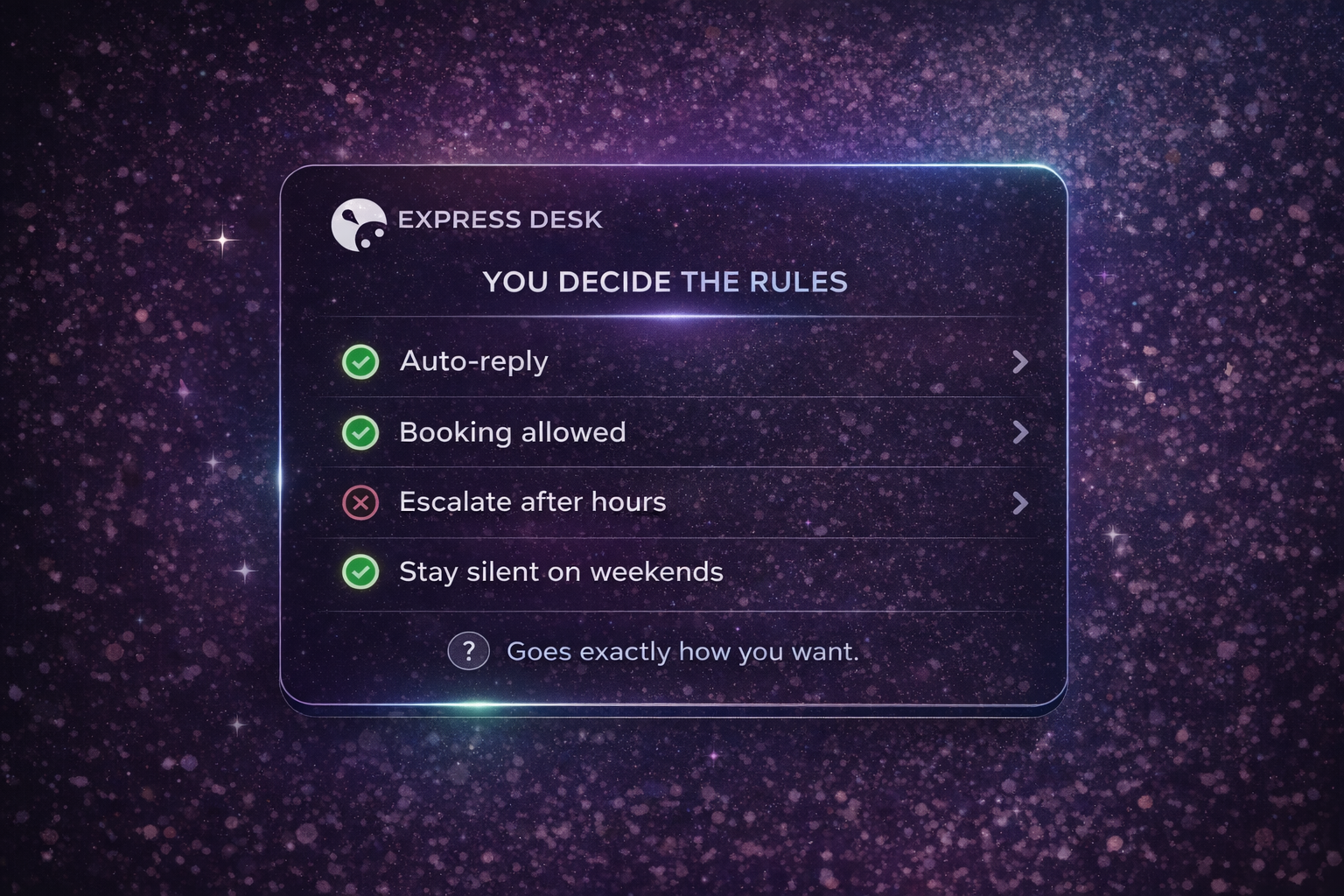 Rules builder showing owner-controlled automation settings in Express Desk.